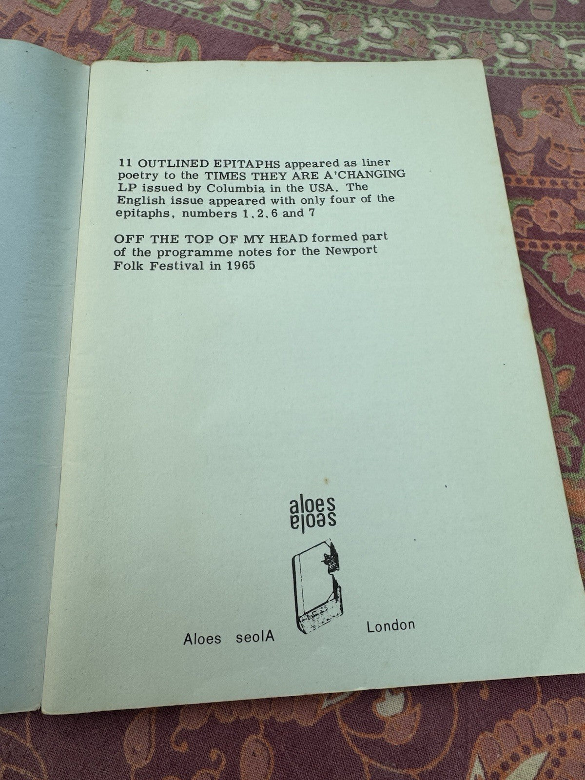 Bob Dylan 60s memorabilia booklet XI Outlined Epitaphs & Off The Top Of My Head