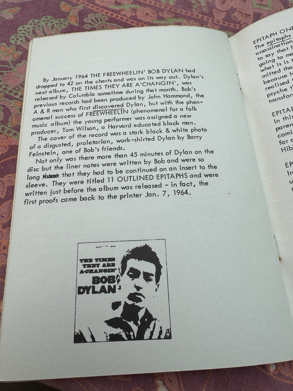 Bob Dylan 60s memorabilia booklet XI Outlined Epitaphs & Off The Top Of My Head